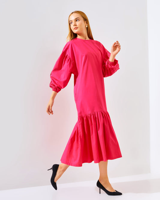 ADHIA STATEMENT SLEEVE DRESS PINK FUSCHIA