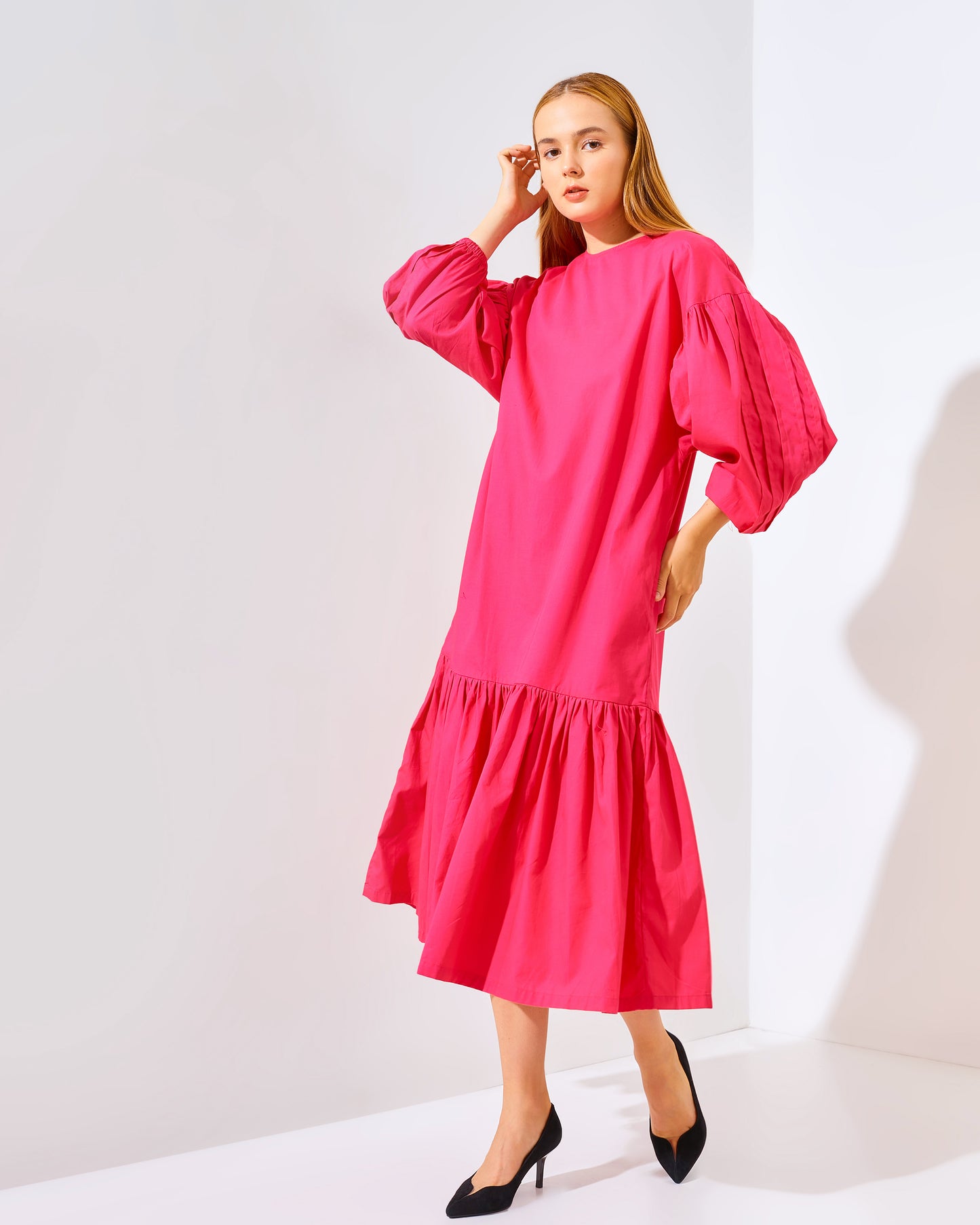 ADHIA STATEMENT SLEEVE DRESS PINK FUSCHIA
