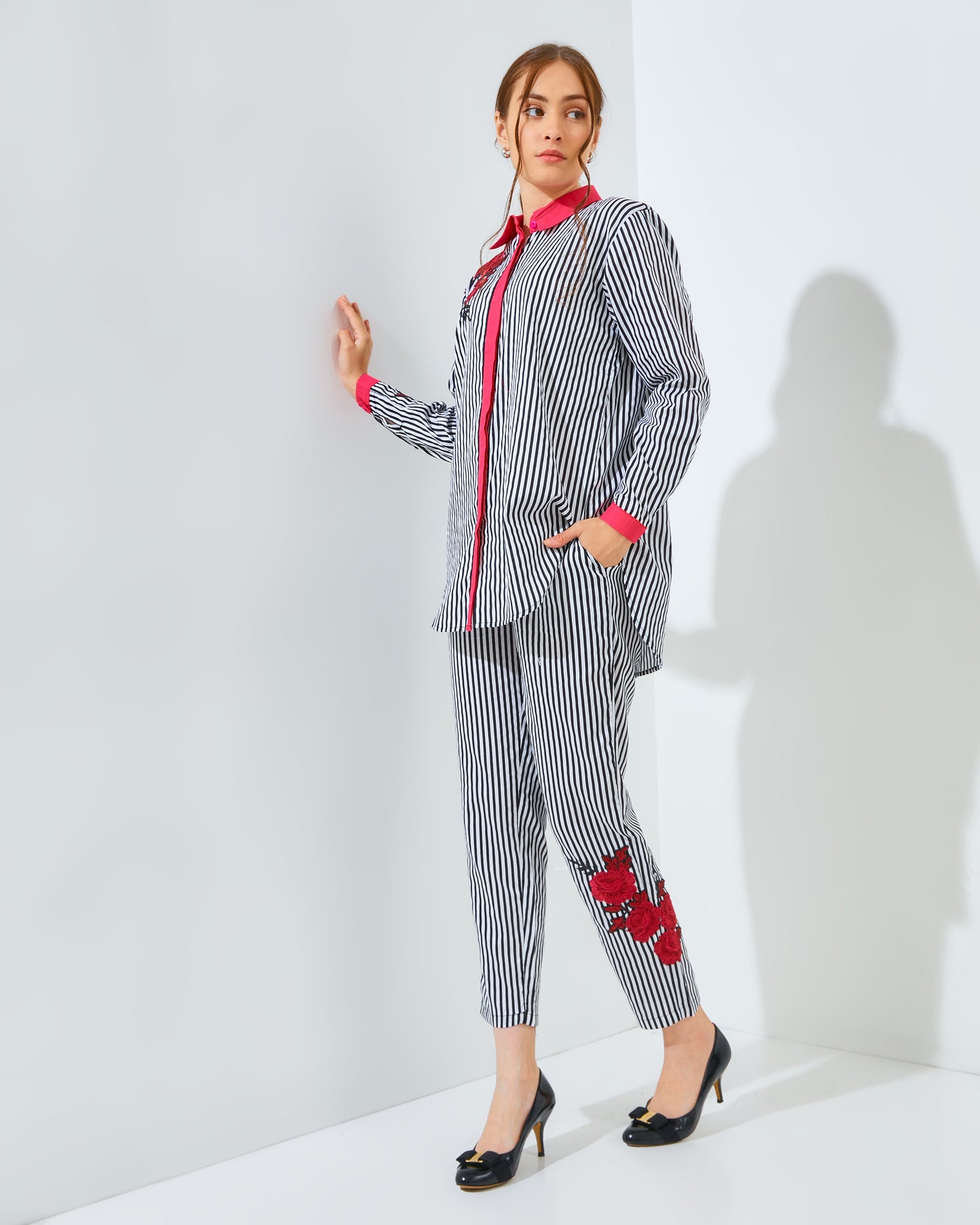 Rachella Rose Stripes Fushia Black Set